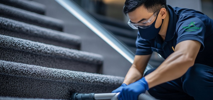 Quy trình giặt thảm cầu thang được các chuyên viên của Vesinhtoday thực hiện chỉn chu, bài bản