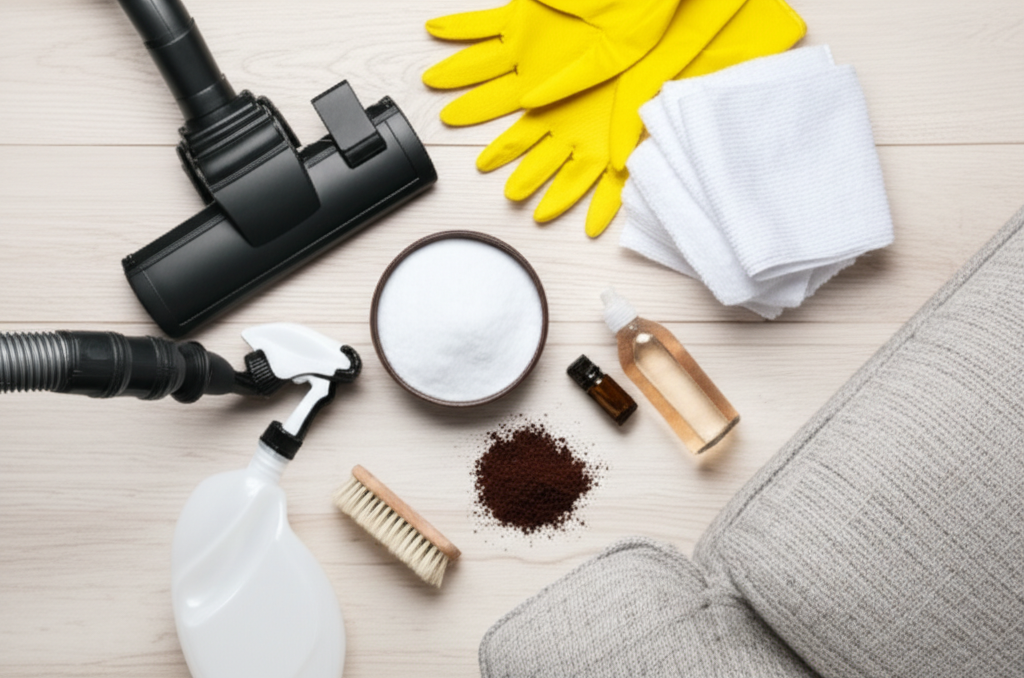 Các dụng cụ và vật liệu cần chuẩn bị trước khi khử mùi hôi ẩm mốc trên sofa.