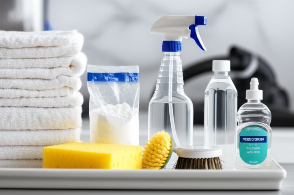 Chuẩn bị đầy đủ dụng cụ như khăn sạch, bình xịt, baking soda và giấm trắng trước khi vệ sinh nệm.