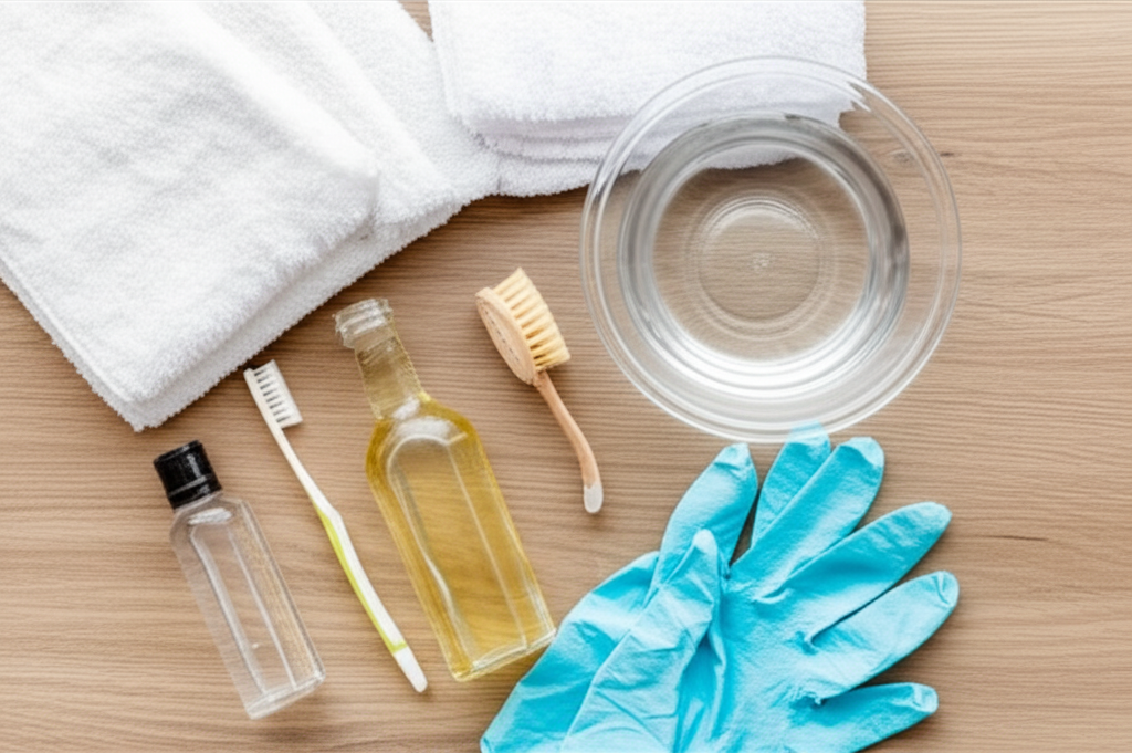 Chuẩn bị đầy đủ khăn sạch, nước ấm, bàn chải mềm và dung dịch tẩy rửa phù hợp trước khi bắt đầu.