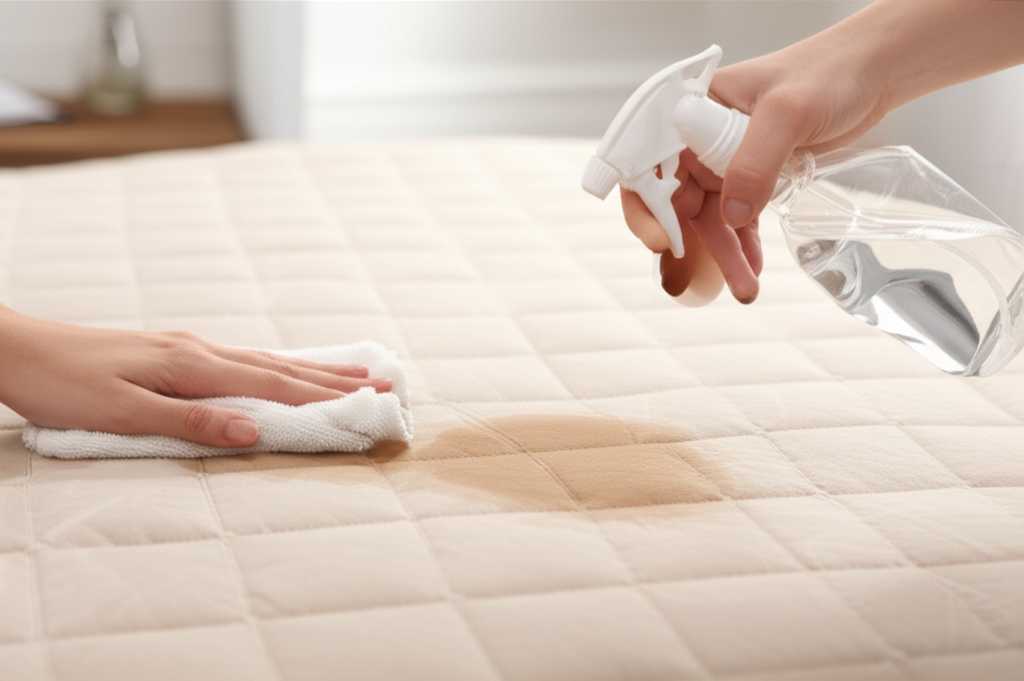 Dùng hỗn hợp giấm trắng và nước sạch xịt lên vết cà phê, sau đó thấm hút nhẹ nhàng để làm sạch.