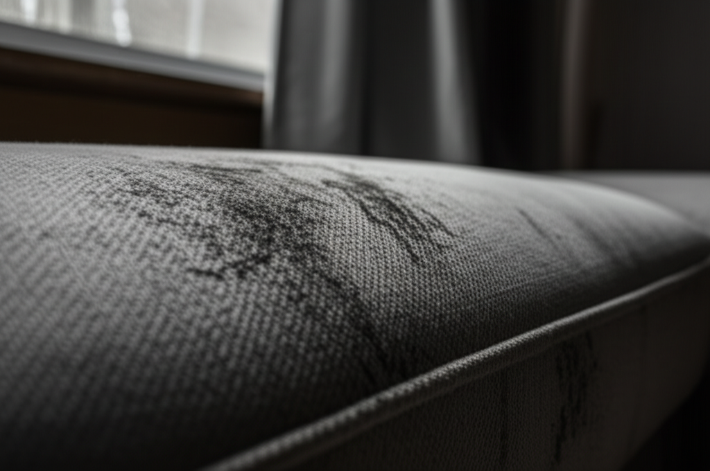 Ghế sofa bị mốc nặng do độ ẩm cao, thiếu ánh sáng và các vết bẩn hữu cơ không được làm sạch kịp thời.