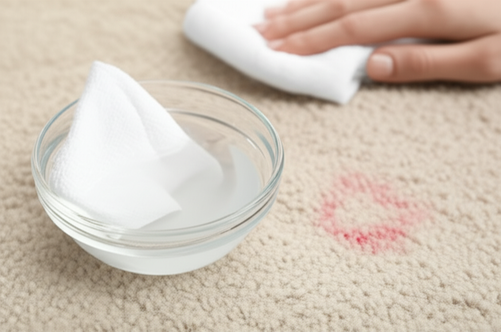 Hỗn hợp nước rửa chén và giấm trắng là giải pháp tự nhiên để tẩy vết son trên thảm an toàn.
