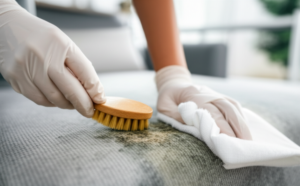 Quy trình làm sạch sofa bị mốc bao gồm hút bụi, thoa dung dịch tẩy mốc, chà nhẹ và làm khô hoàn toàn.