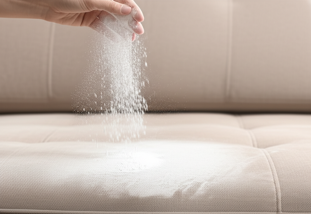 Rắc baking soda đều lên bề mặt sofa để hút ẩm và trung hòa mùi hôi hiệu quả.