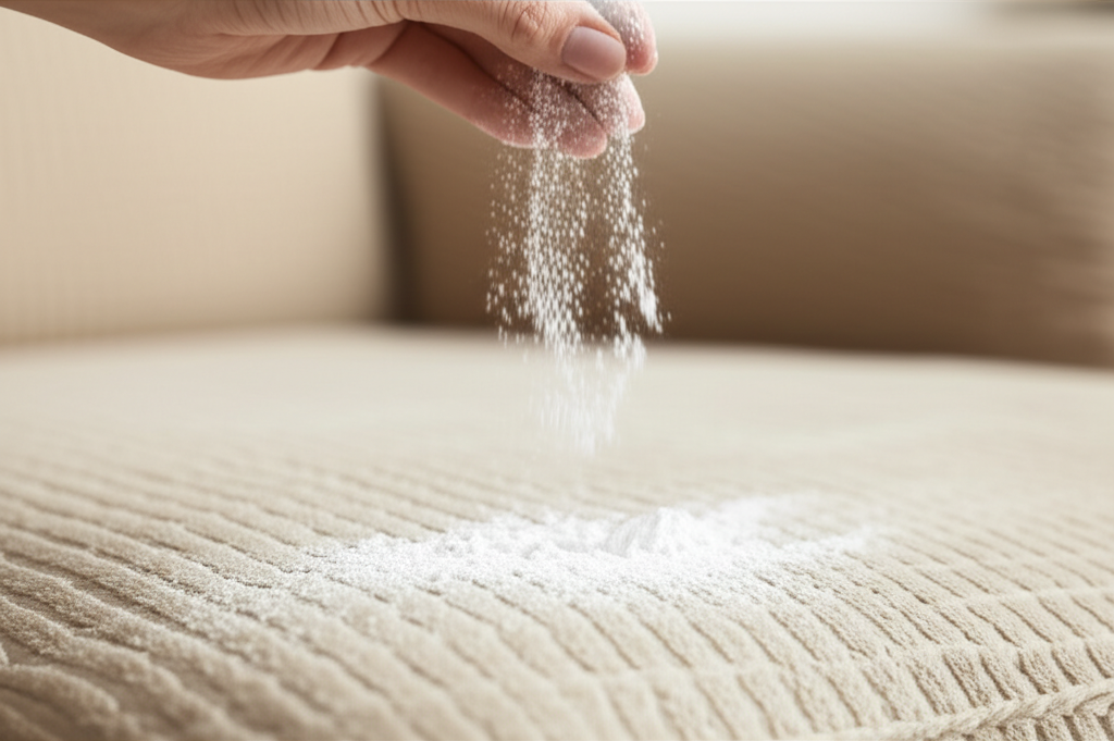 Rắc baking soda lên ghế sofa nỉ giúp hấp thụ độ ẩm và mùi hôi khó chịu một cách hiệu quả.