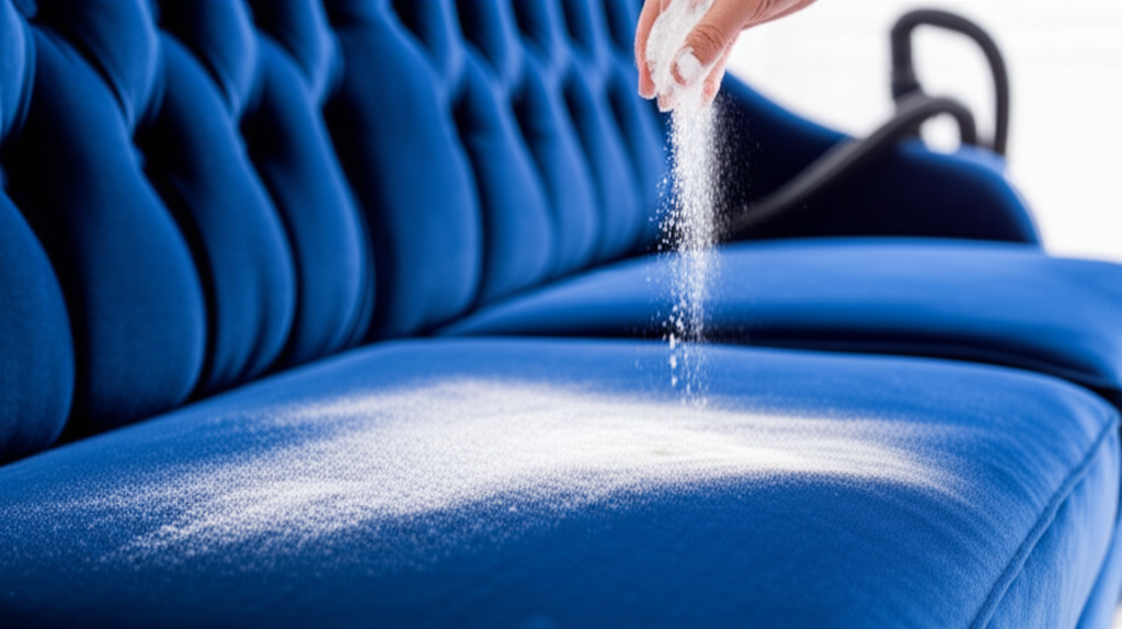 Rắc baking soda lên sofa nhung là cách khử mùi tự nhiên hiệu quả.