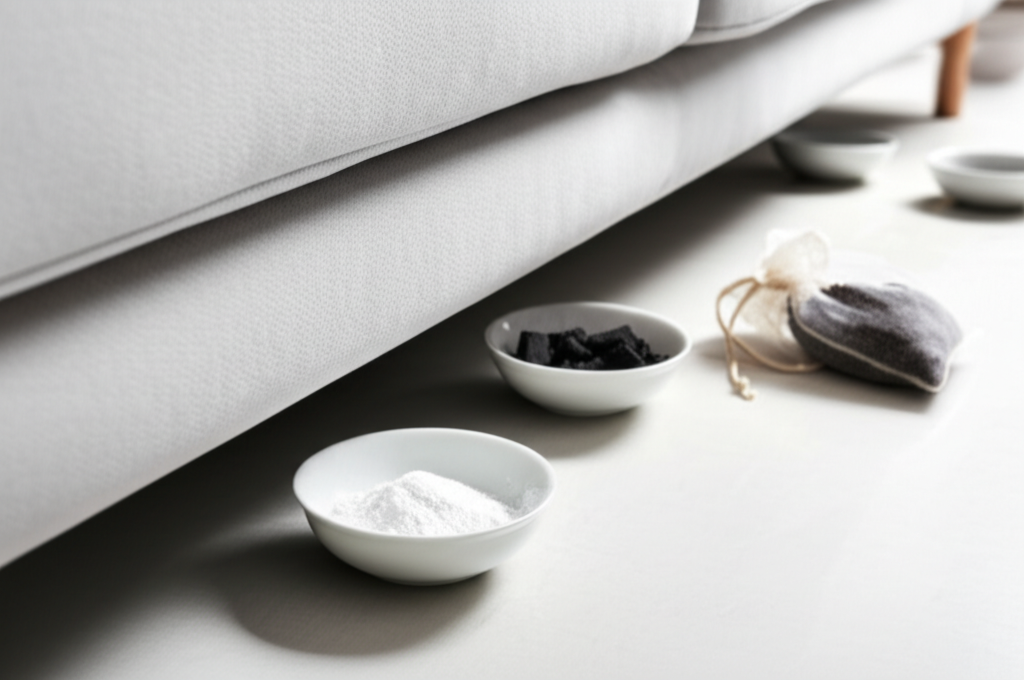 Sử dụng vật liệu hút ẩm tự nhiên như baking soda hoặc than hoạt tính để bảo vệ ghế sofa.