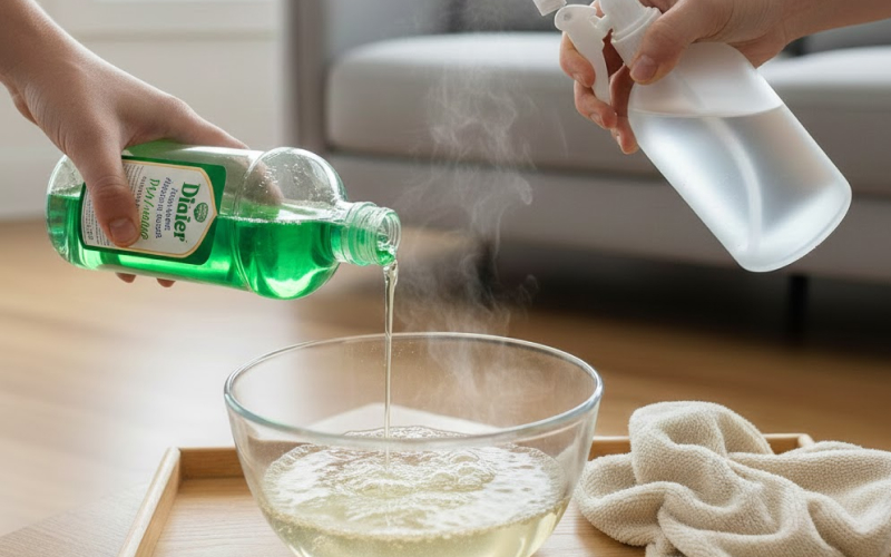 Dung dịch nước rửa chén và nước ấm để vệ sinh sofa