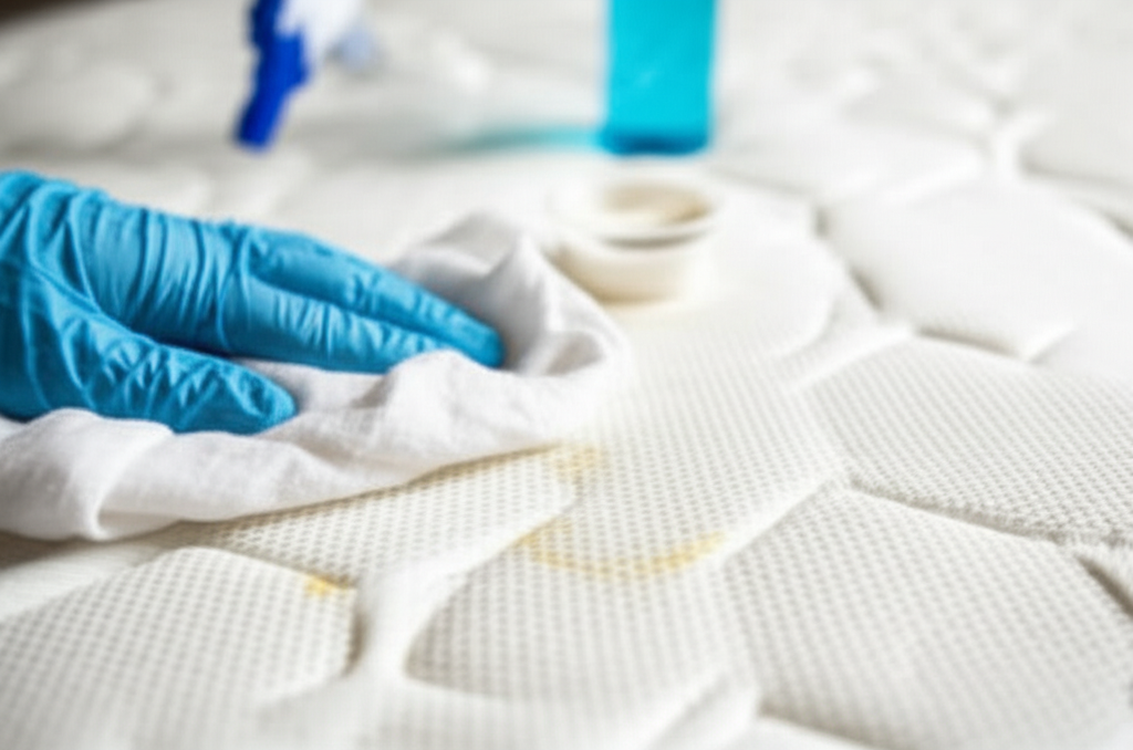 Chấm nhẹ dung dịch làm sạch để loại bỏ các vết bẩn cứng đầu trên nệm mousse.