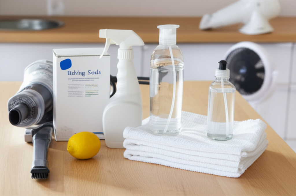 Chuẩn bị đầy đủ dụng cụ và nguyên liệu cần thiết trước khi bắt đầu giặt nệm mousse.