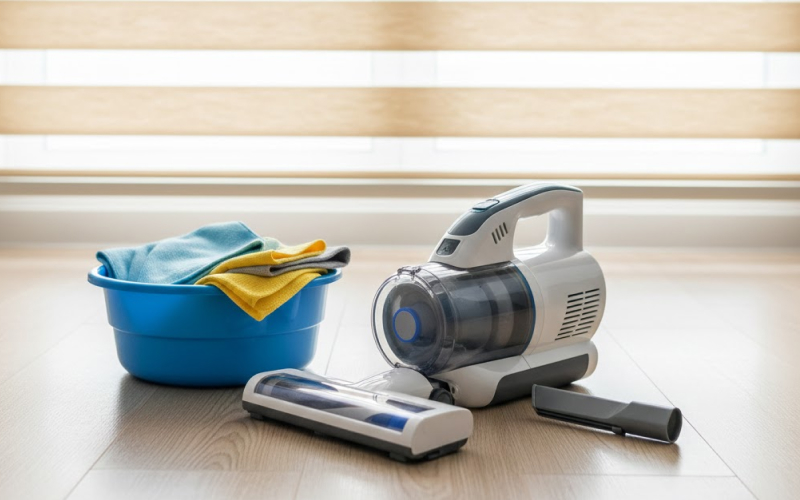 Chuẩn bị máy hút bụi cầm tay và khăn lau để vệ sinh rèm cầu vòng