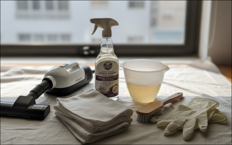 Chuẩn bị dụng cụ để vệ sinh rèm cuốn văn phòng
