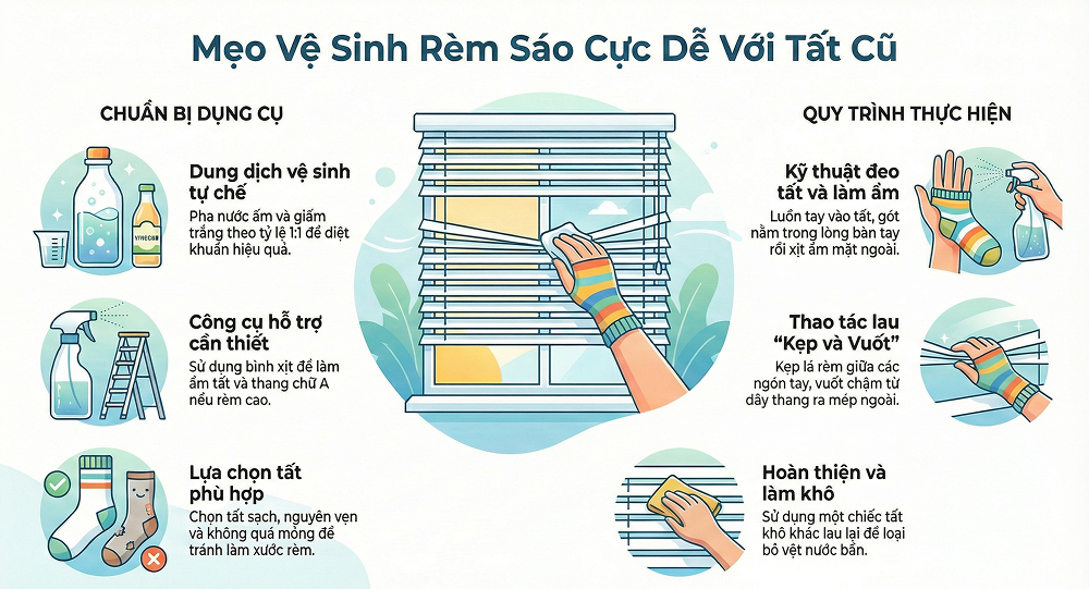 Hướng dẫn chi tiết cách tận dụng tất cũ (vớ cũ) để lau bụi rèm sáo