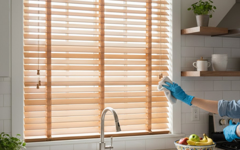 Dùng khăn để vệ sinh rèm sáo gỗ nhà bếp