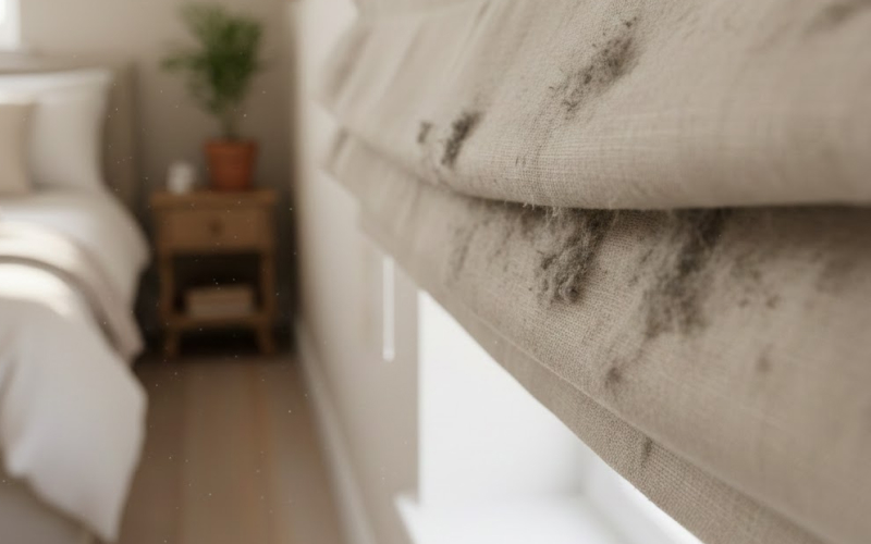 Bụi bám vào các nếp gấp của rèm Roman