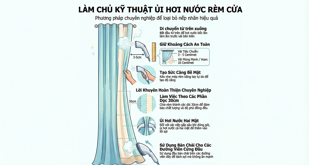 Quy trình chi tiết hướng dẫn sử dụng bàn là hơi nước cầm tay để làm phẳng rèm hiệu quả